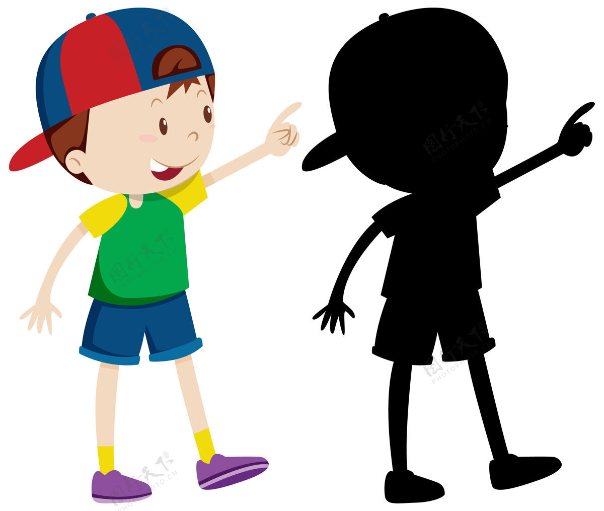 卡通可爱的男孩戴着彩色帽子和剪影系列集合黑暗