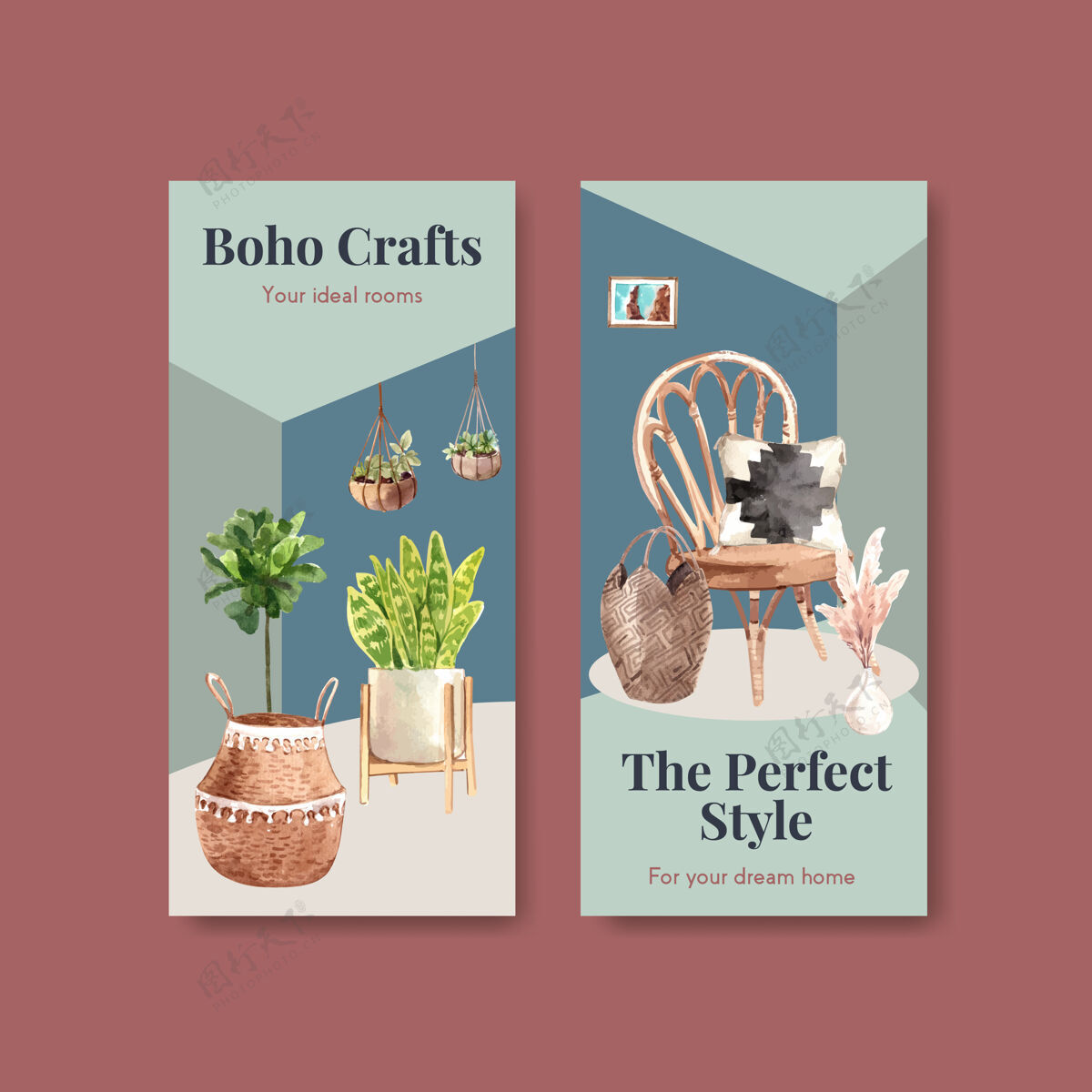 舒适传单模板波西米亚家具概念设计小册子和传单水彩插图斯堪的纳维亚广告水彩