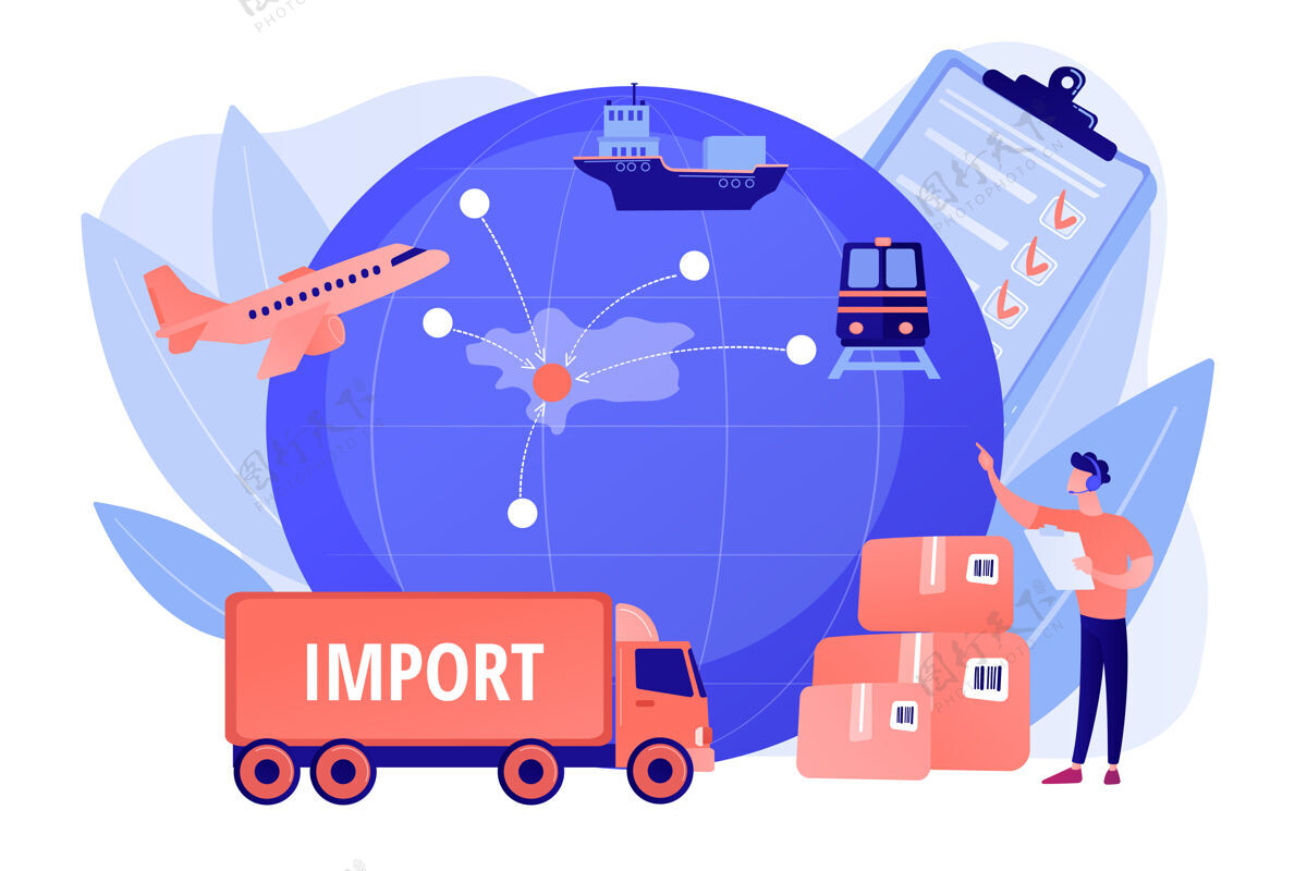 材料建立国际贸易航线向海外销售商品出口管制 出口管制材料 出口许可证服务理念粉珊瑚蓝矢量隔离插图服务建立贸易