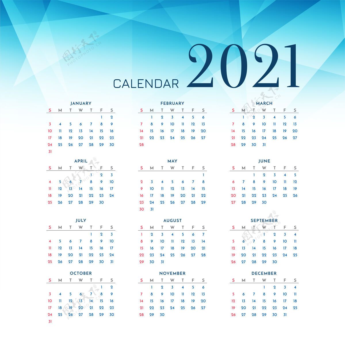 月蓝色多边形2021年历设计年周4月