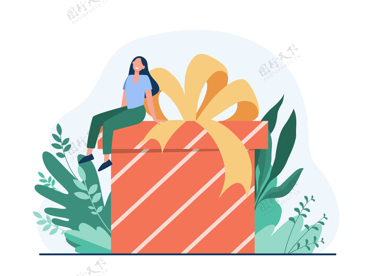 接受收到礼物的快乐女人小小的卡通人物坐在带蝴蝶结平面矢量插图的大礼盒上生日 惊喜 圣诞节礼物红色丝带
