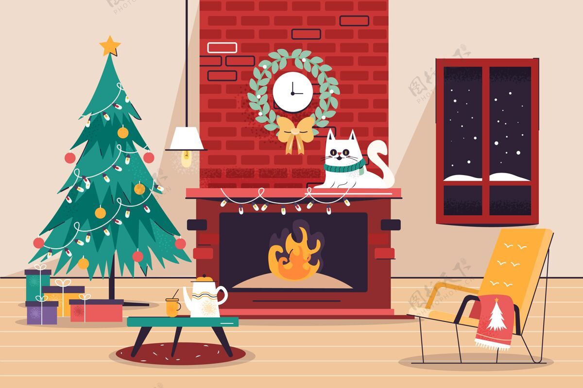 快乐手绘圣诞壁炉场景传统文化季节