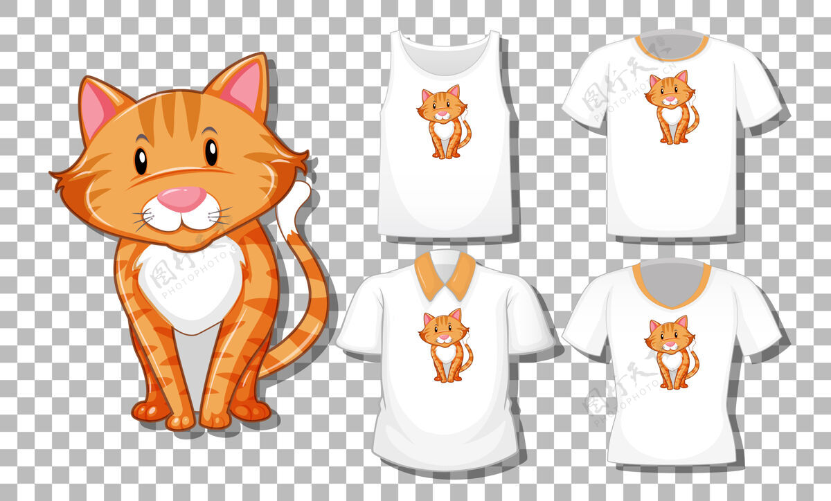 动物卡通猫角色与一套不同的衬衫隔离年轻衬衫人物