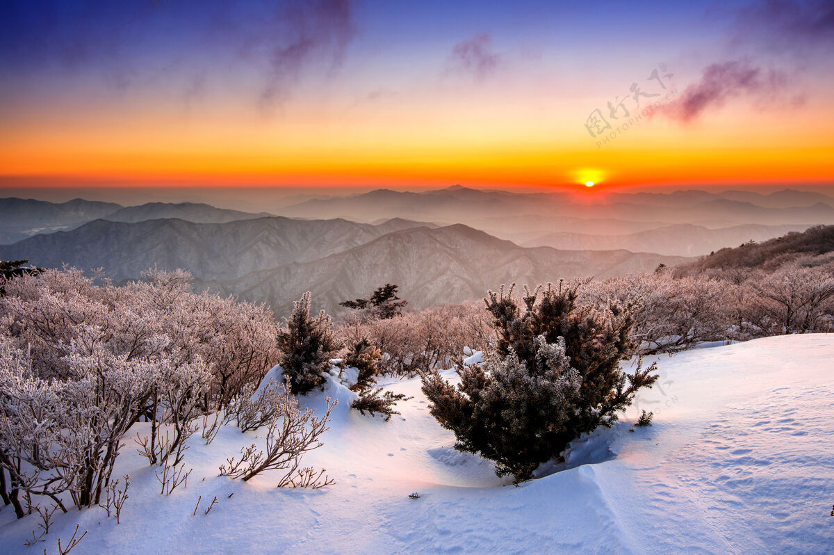 风景韩国 冬天 德古桑山上的日出被白雪覆盖首尔雪冰