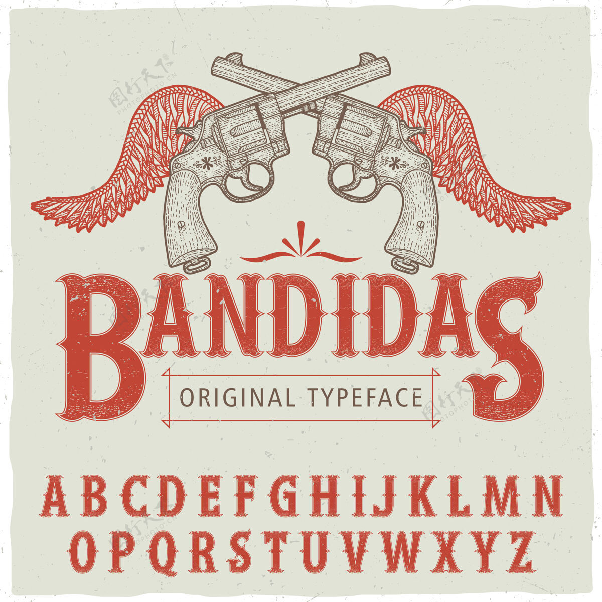 字母西方班迪达斯字体海报与手绘两把左轮手枪和翅膀矢量插图排版线条字体