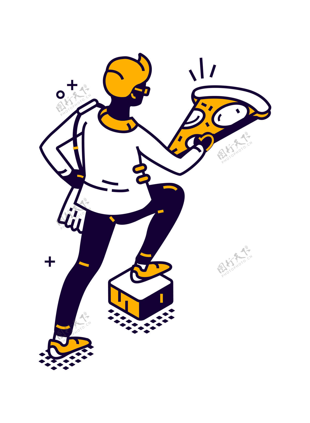 订单男人送食物的等距插图 男人手里拿着一大块比萨饼运输披萨卡通