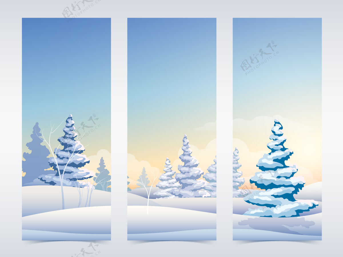 自然圣诞竖直的横幅上有童话般的冬日风景 雪松和天空天空仙女设置