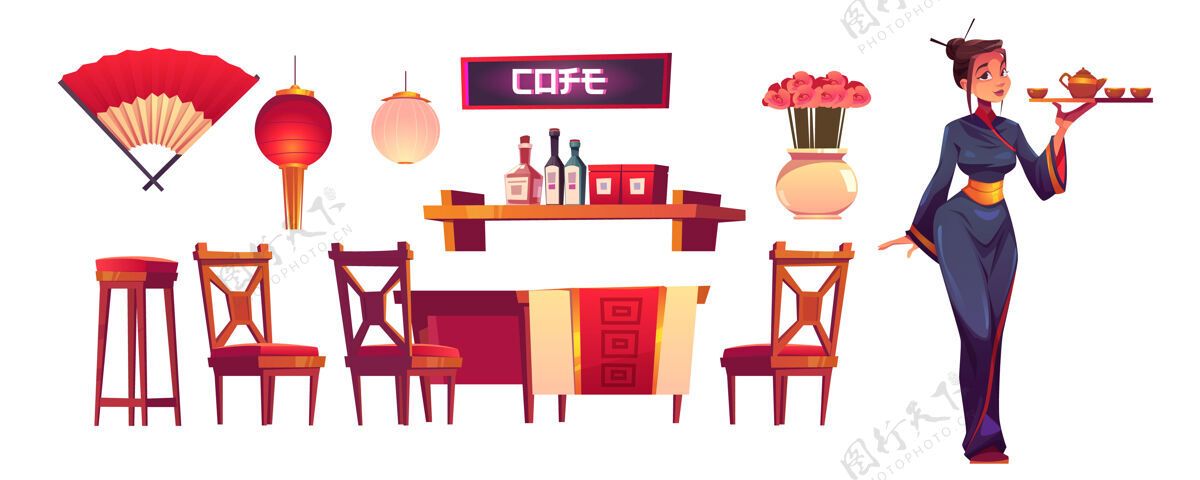 中国中餐厅工作人员和物品隔离设置传统服装的女服务员带托盘 亚洲咖啡馆装饰 灯笼 扇子 带调味品的架子 木制桌椅 卡通矢量插图室内壶扇子