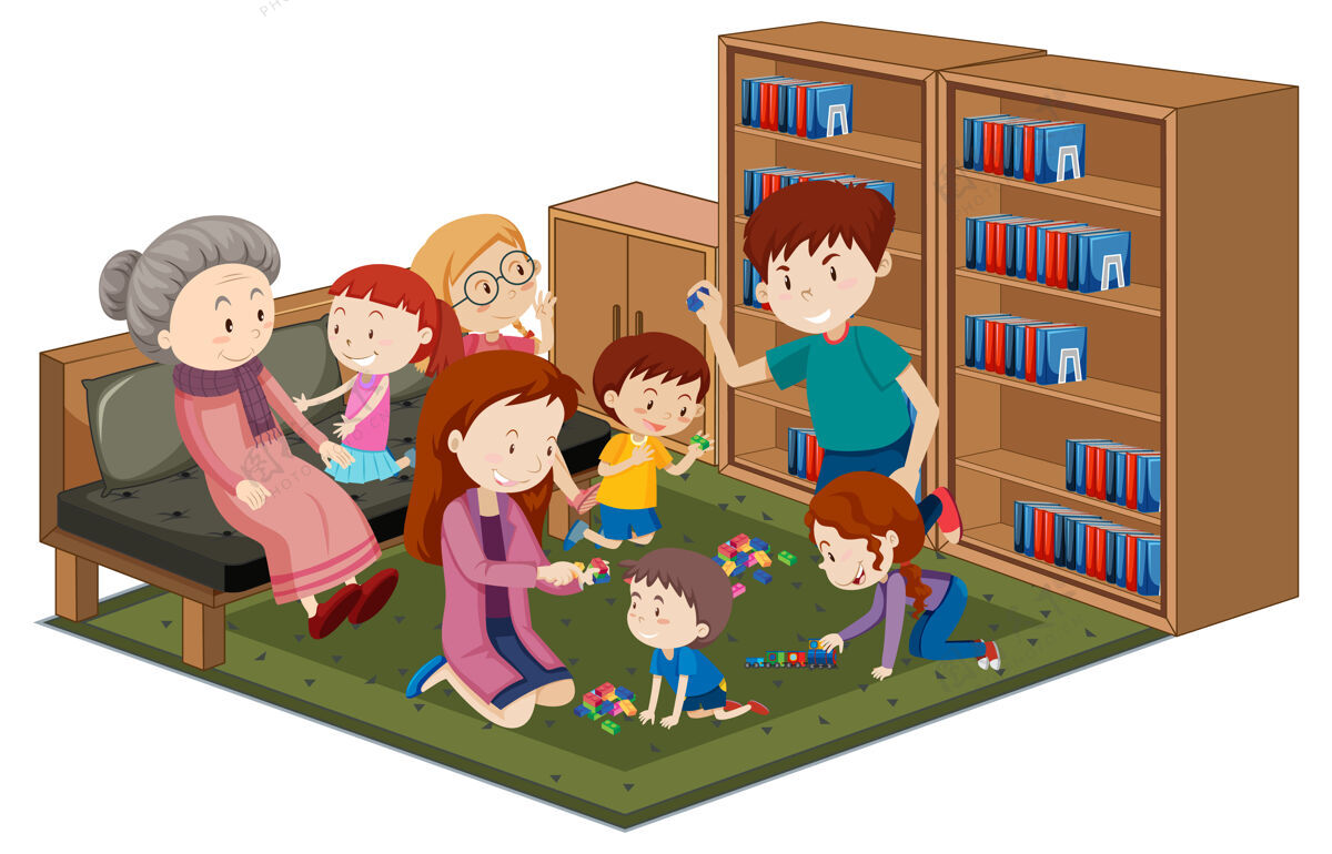 孩子奶奶带着孙子在图书馆与世隔绝的白色背景上卡通里面教育